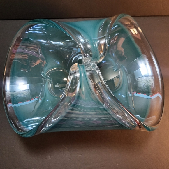 Murano Blue Art Glass Folded Wave Handles Catchall Bowl - Picture 6 of 7